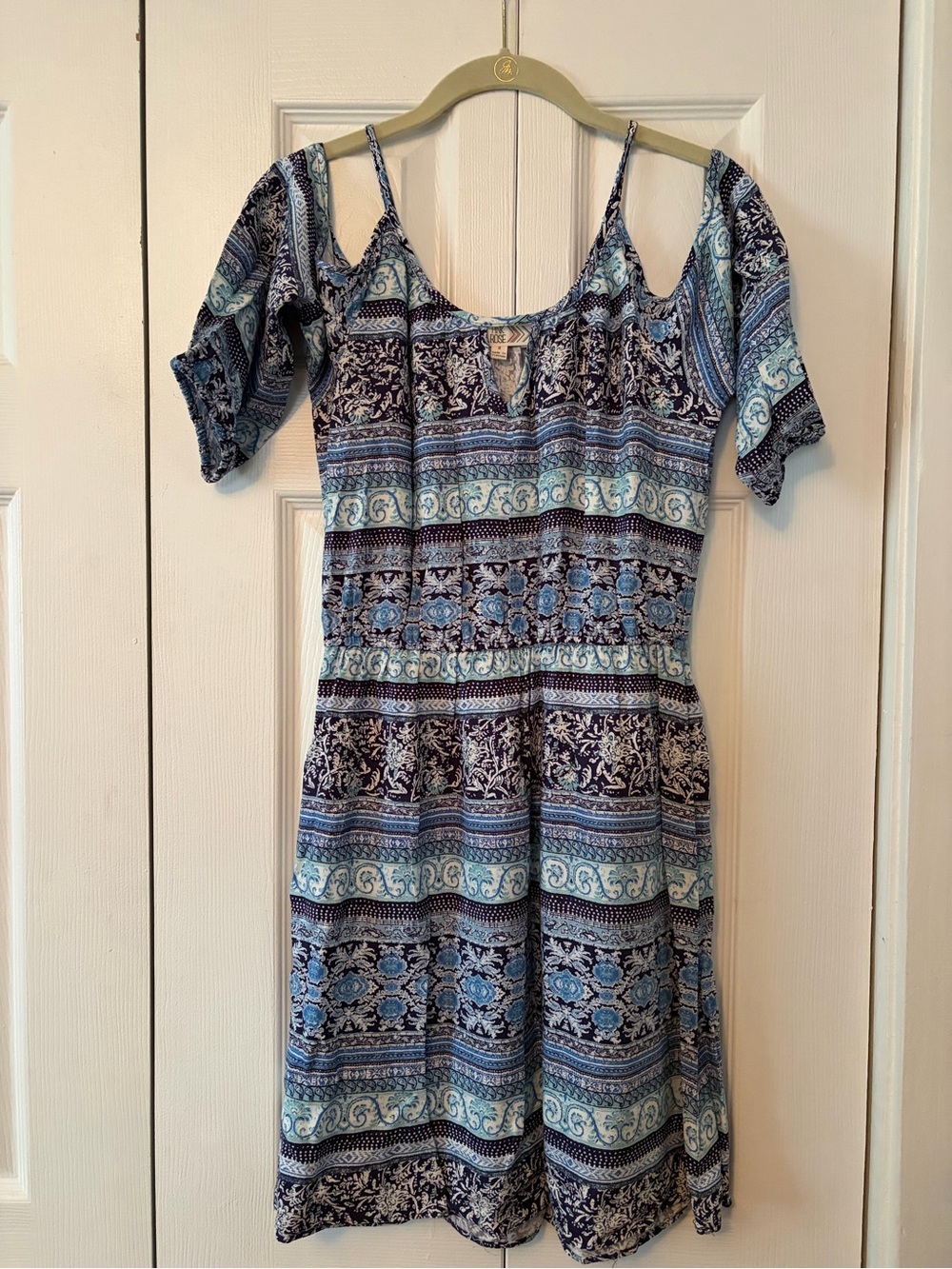 Pink Rose Blue Patterned Cold-Shoulder Mini Dress